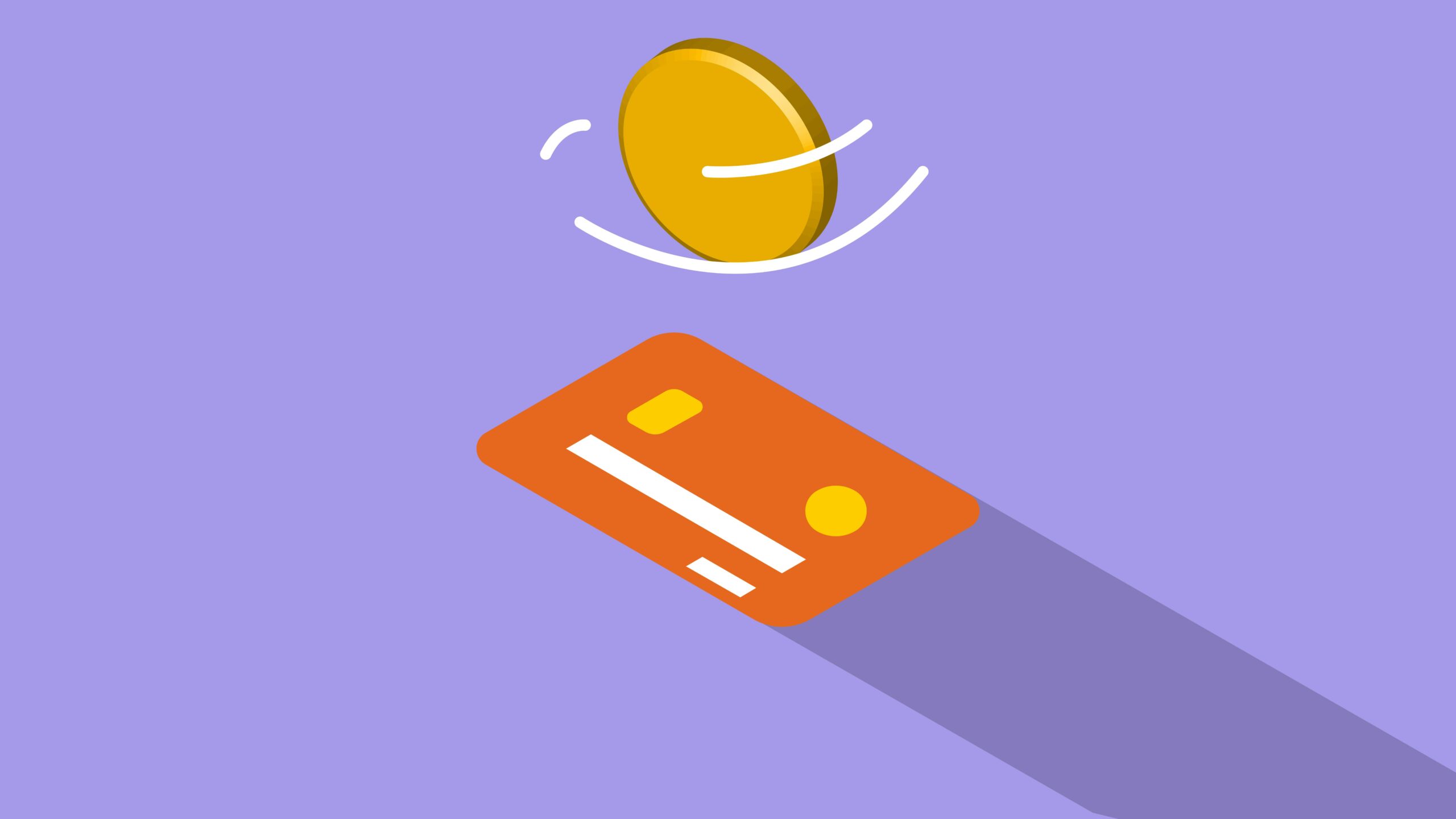 Creative graphic illustration of golden coin spinning above credit card on violet background